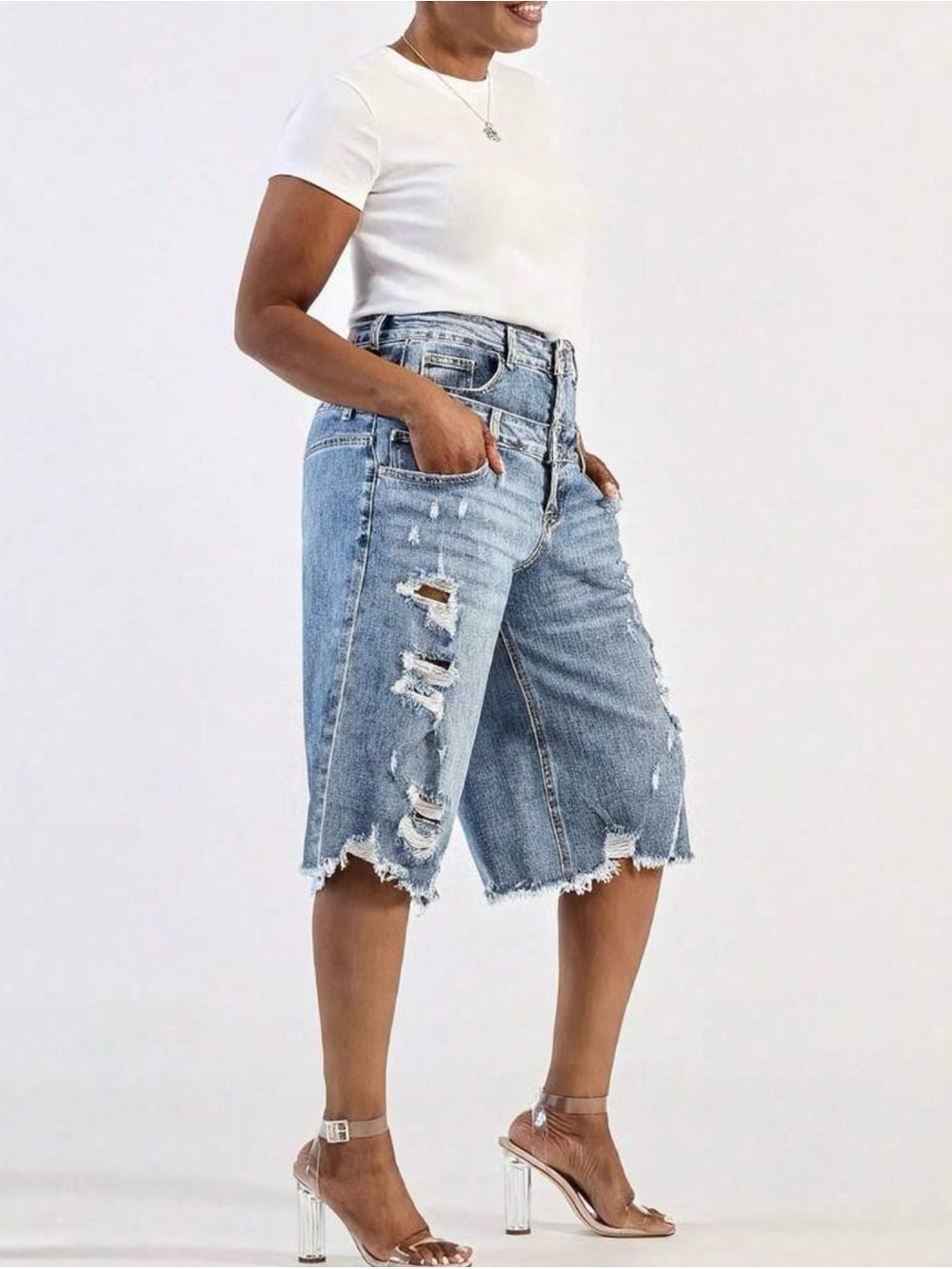 Distressed High-Waist Denim Bermuda Shorts - Light Blue - Picture 3 of 3